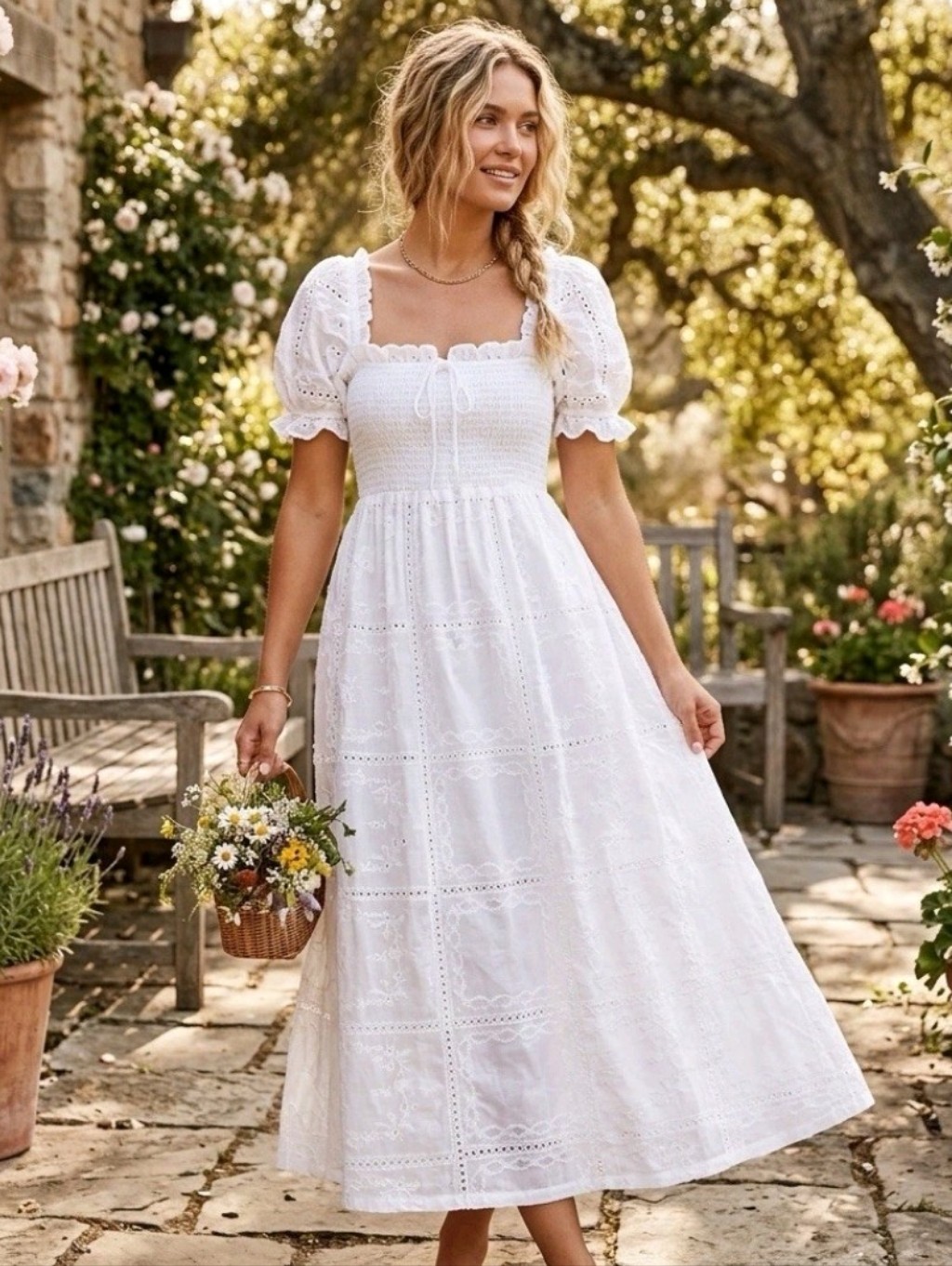 Caroline Constas White Wmbroidwry Organza Maxi Dress With Puff Sleeves
